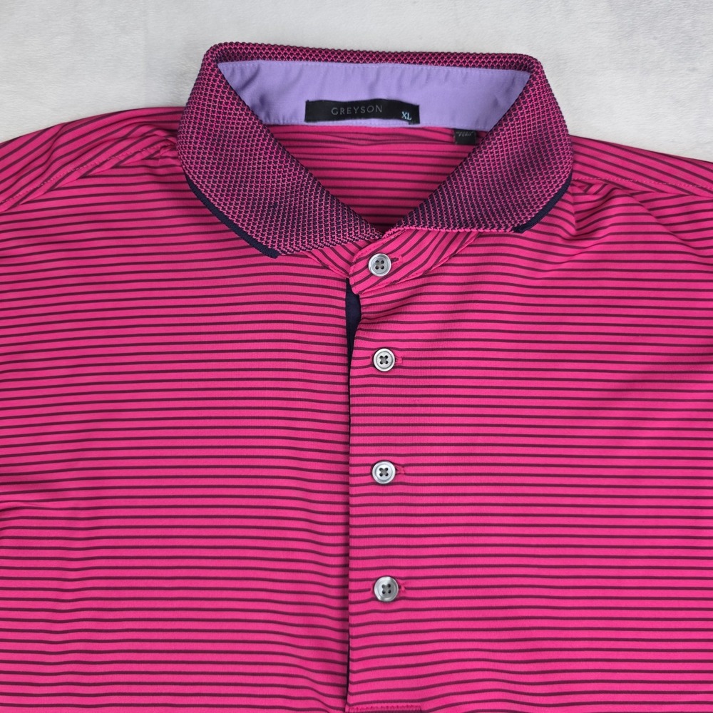 Greyson Polo Shirt Men's XL Pink Striped Short Sleeve Wolf Logo PGA Golf Stretch